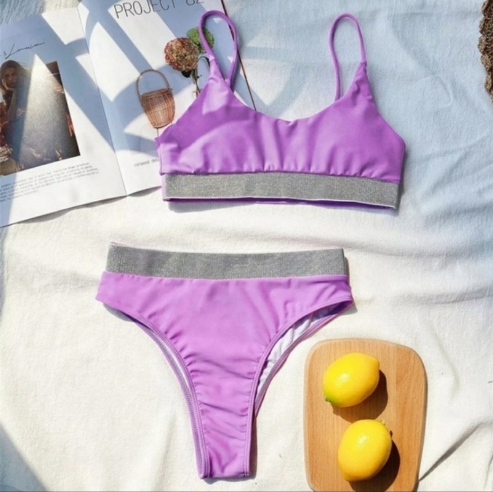 New Purple Shimmering Bralette Top Bikini Set Swimsuit Size S - Picture 5 of 7